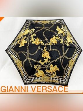 Vintage Versace Black & Gold Floral Pattern Umbrella, Authentic